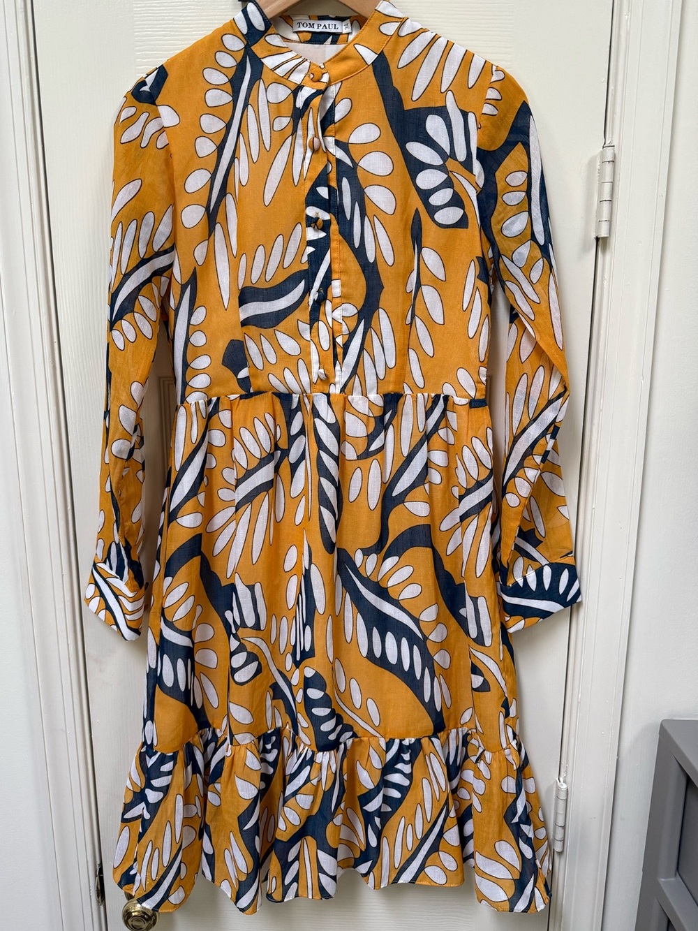 Tom Paul Linen Fully Lined Dress EU Size 34  US 4/6 Small Gold Navy White EUC